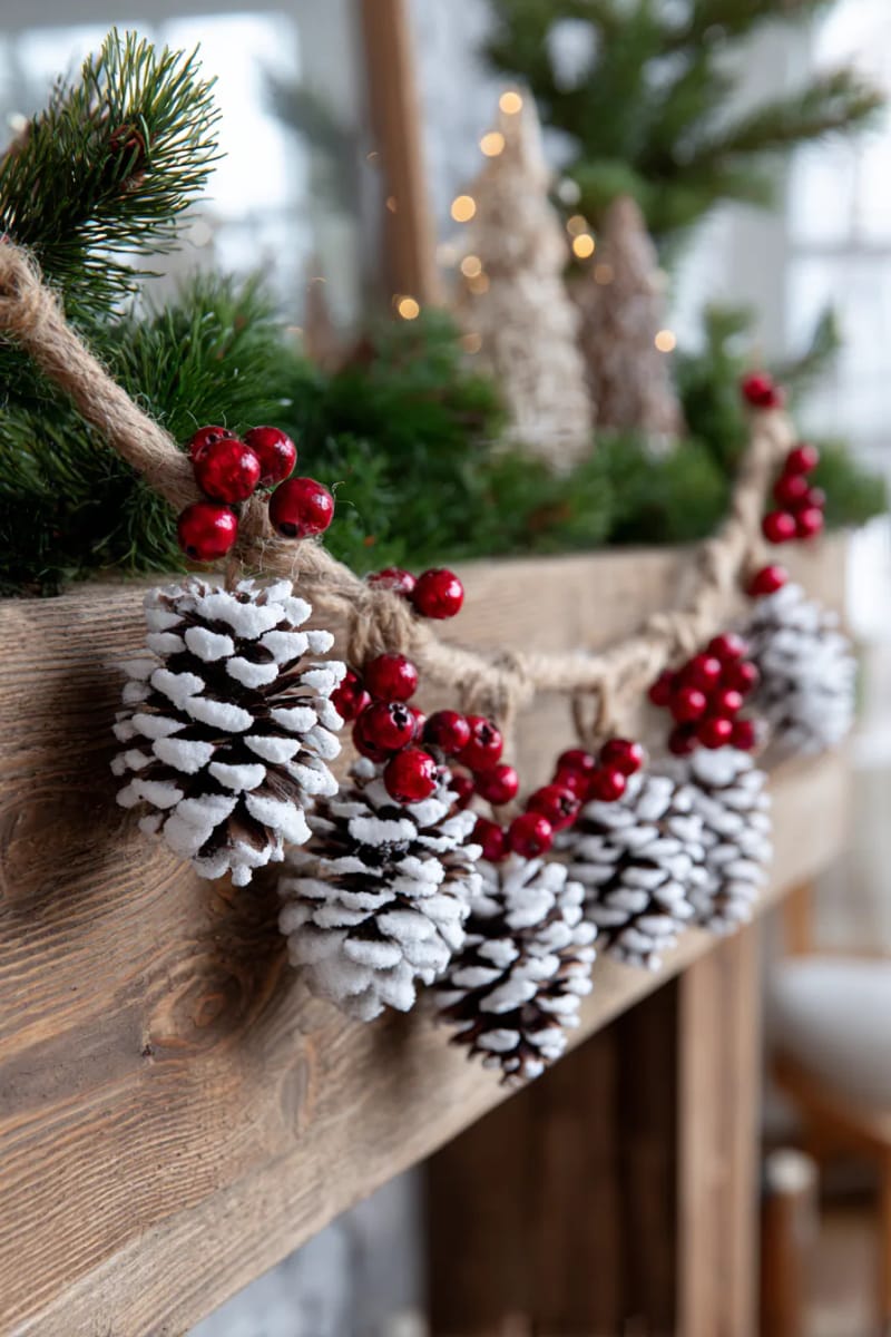 25 Pinecone Christmas Decorations You’ll Want to Keep Up All Winter 4 snow-dusted pinecone garland with twine and mini red berry accents 1