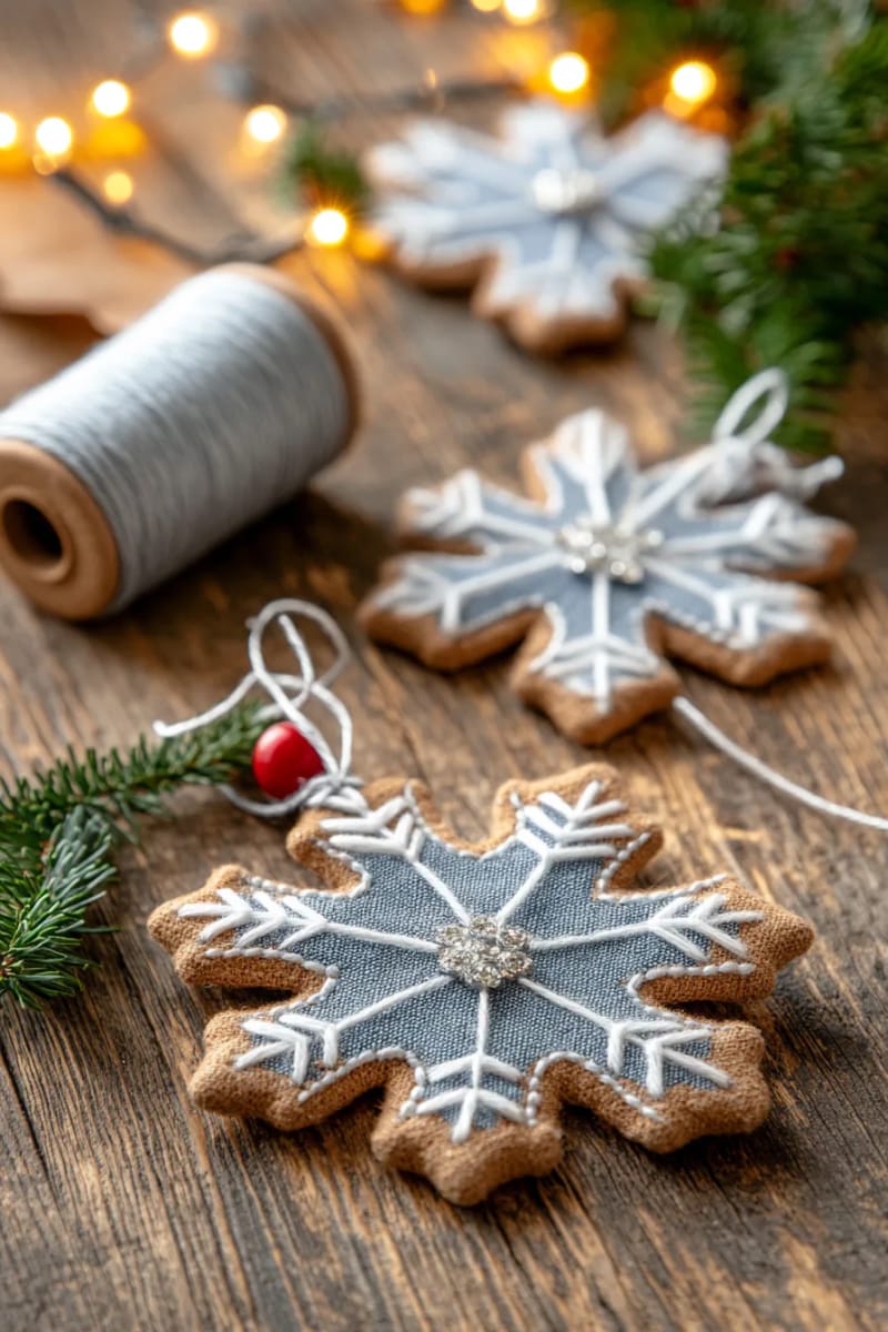 snowflake ornaments cut from jeans, highlighted with metallic thread 1