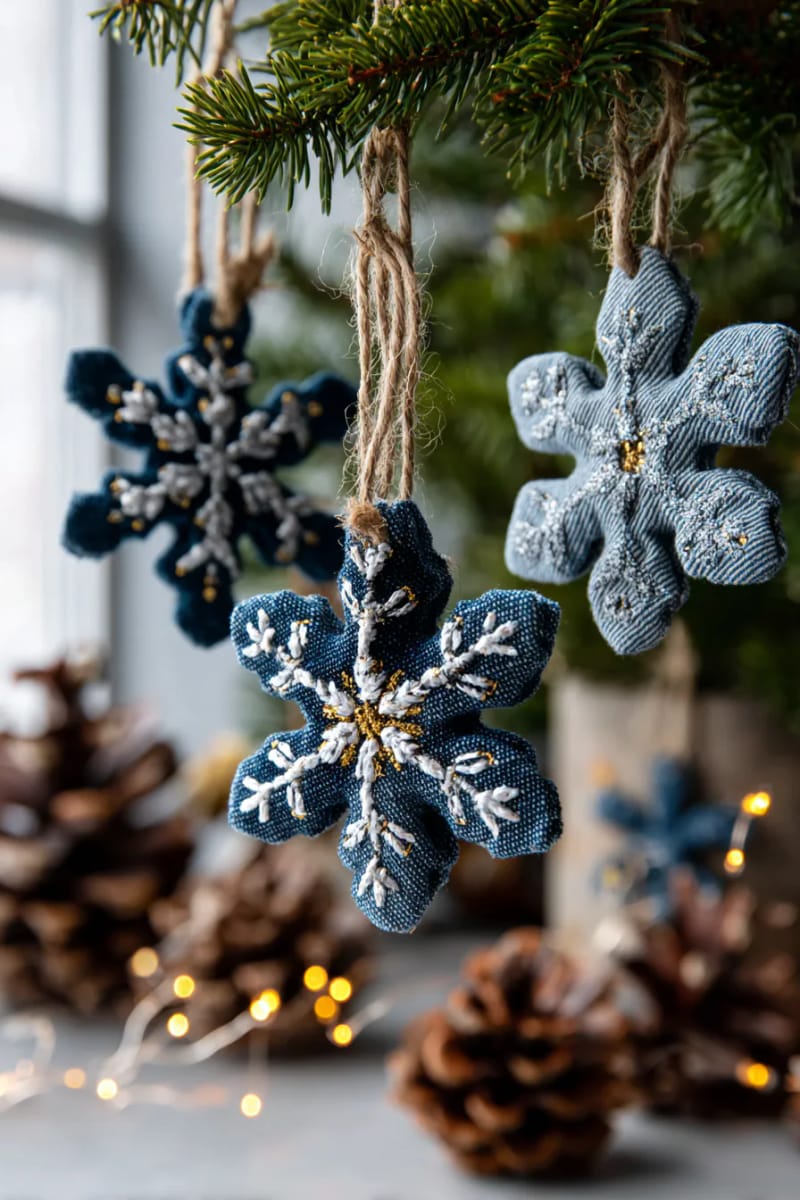 snowflake ornaments cut from jeans, highlighted with metallic thread 1