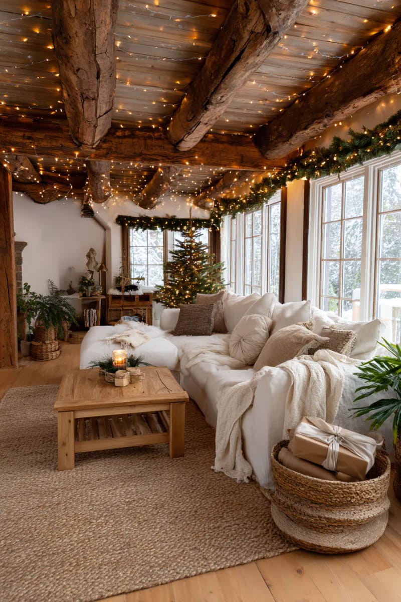 soft fairy lights woven around reclaimed wood beams for a magical glow 1