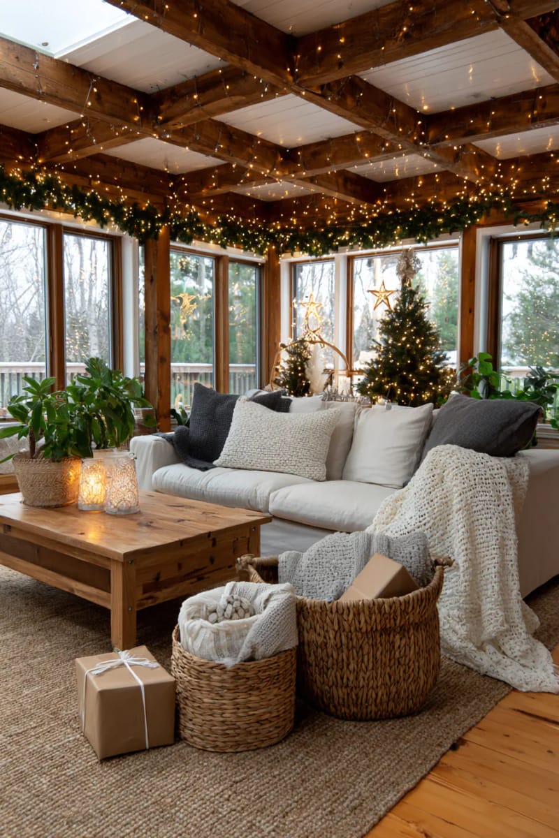 soft fairy lights woven around reclaimed wood beams for a magical glow 1