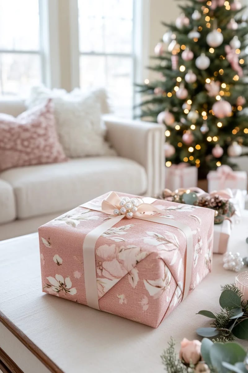 soft pink furoshiki with blush floral patterns and a pearl pin accent. 1