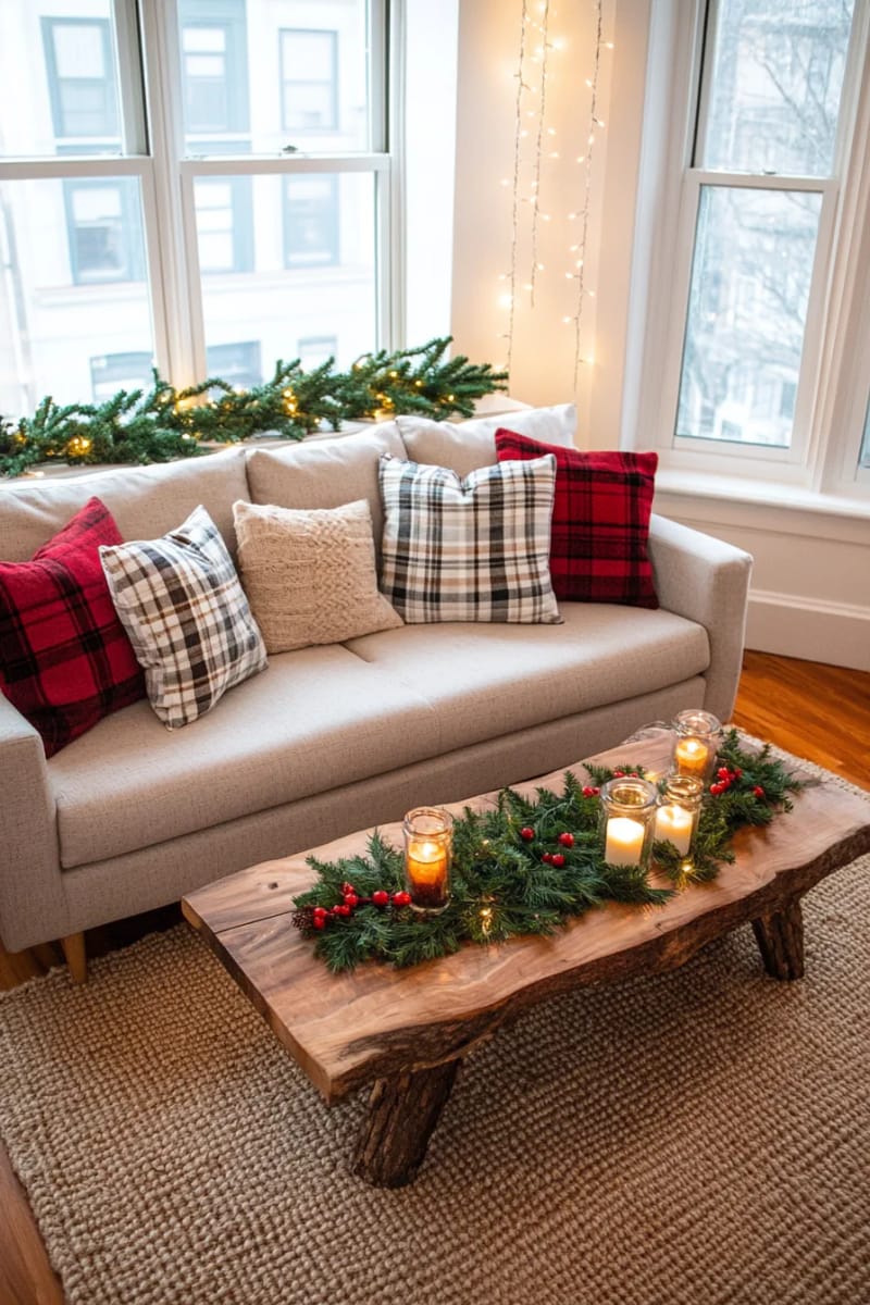 soft plaid pillows made from recycled flannel shirts on a comfy neutral couch 1