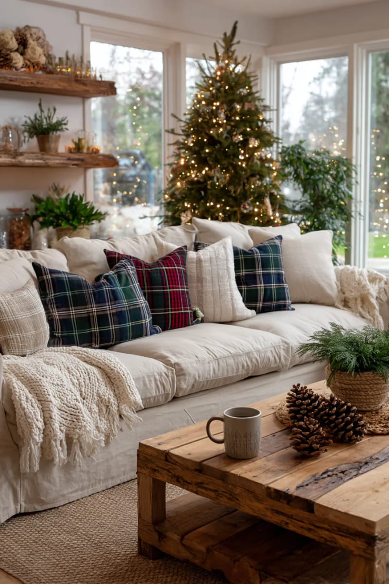 soft plaid pillows made from recycled flannel shirts on a comfy neutral couch 1