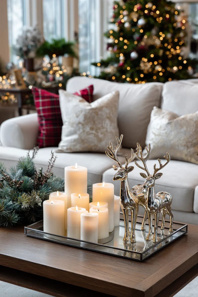 23 Elegant Christmas Decor Ideas You’ve Never Seen Before 86 softly glowing candle trays with metallic reindeer figurines on side tables 1