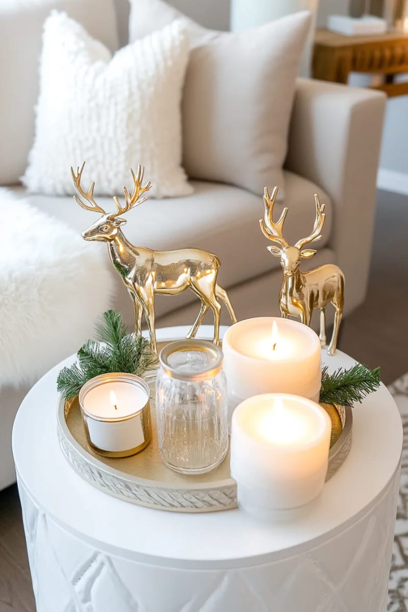 23 Elegant Christmas Decor Ideas You’ve Never Seen Before 87 softly glowing candle trays with metallic reindeer figurines on side tables 1