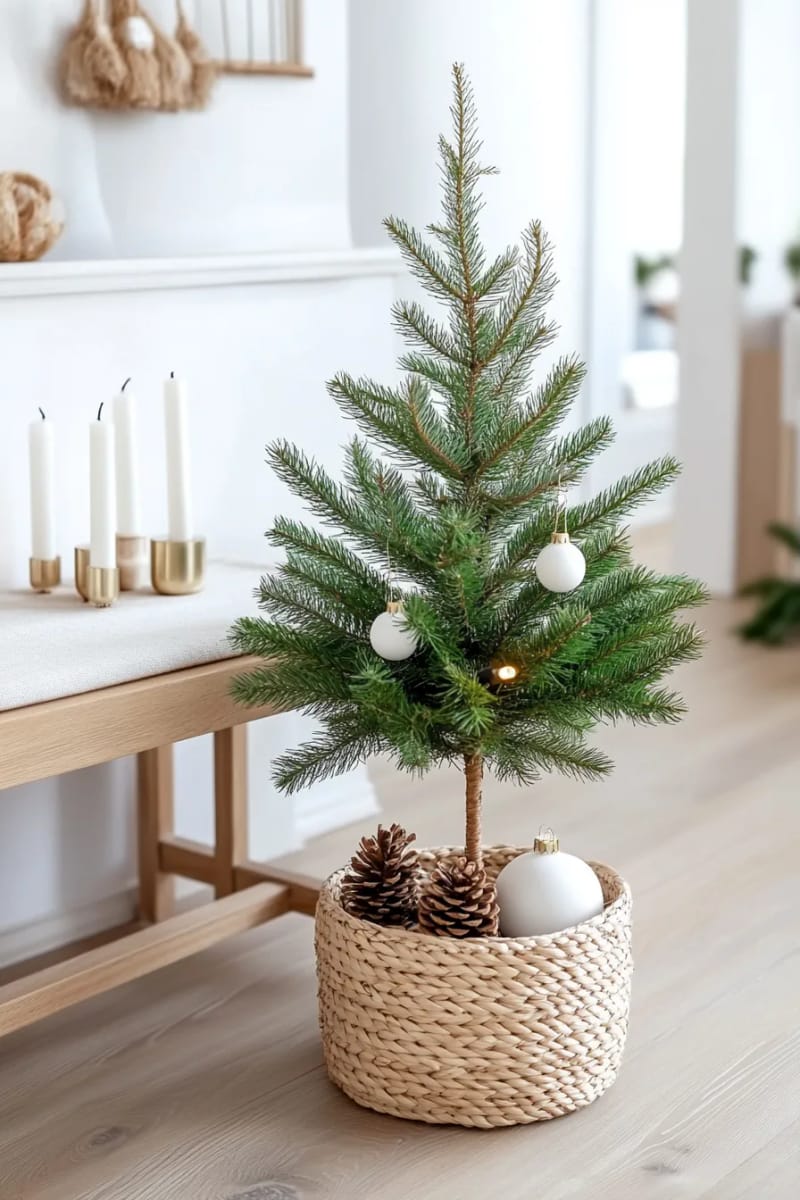31 Elegant Minimalist Christmas Decor Ideas to Inspire 3 sparse pine tree in a woven basket with neutral linen tree skirt 1