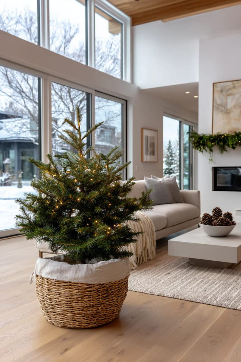 31 Elegant Minimalist Christmas Decor Ideas to Inspire 4 sparse pine tree in a woven basket with neutral linen tree skirt 1