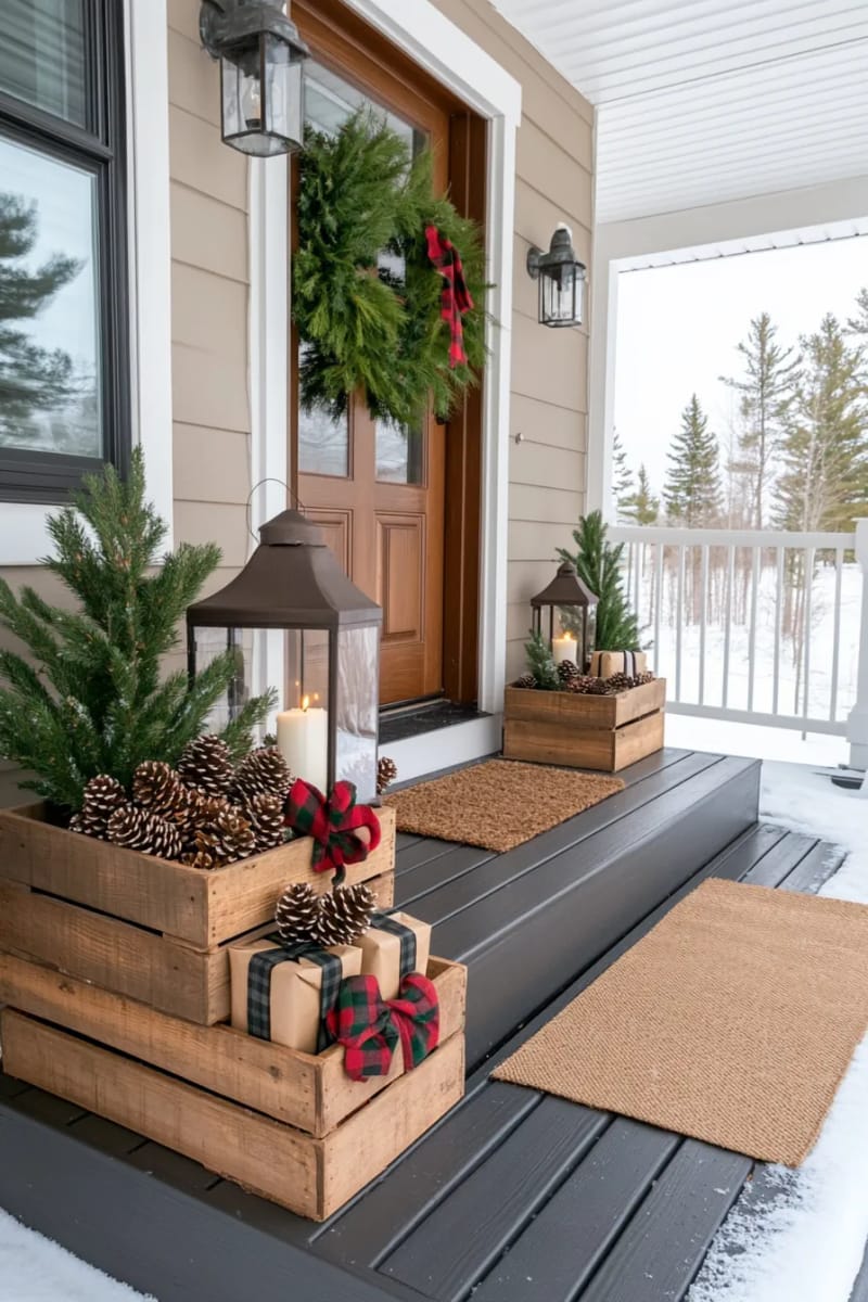 15 Christmas Decor Ideas for a Front Porch DIY That’s Simple but Stunning 3 stack wooden crates with pinecones, lanterns, and wrapped faux gifts for rustic charm. 1