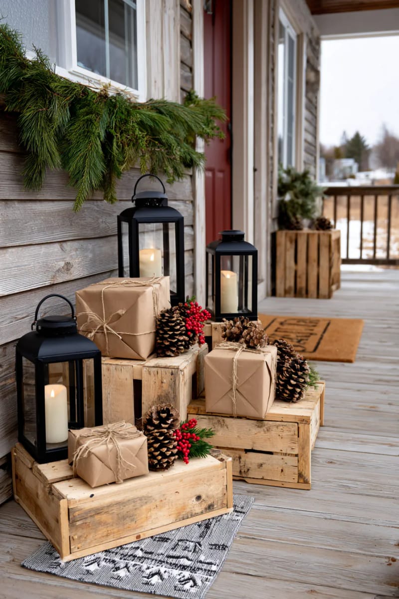 15 Christmas Decor Ideas for a Front Porch DIY That’s Simple but Stunning 4 stack wooden crates with pinecones, lanterns, and wrapped faux gifts for rustic charm. 1