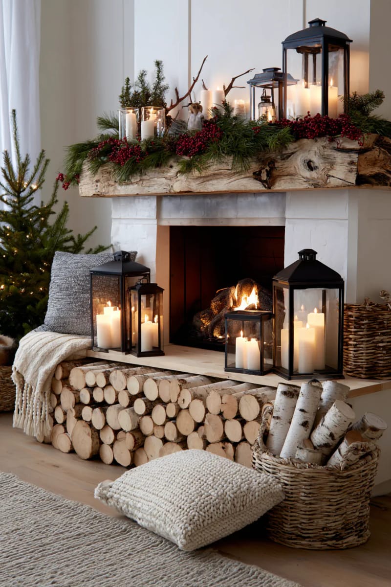 stacked birch logs and lanterns for a warm, woodland-inspired fireplace look 1