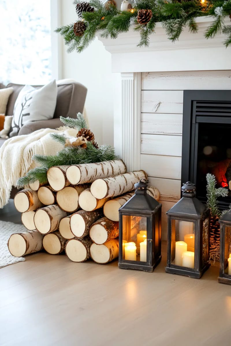 stacked birch logs and lanterns for a warm, woodland-inspired fireplace look 1