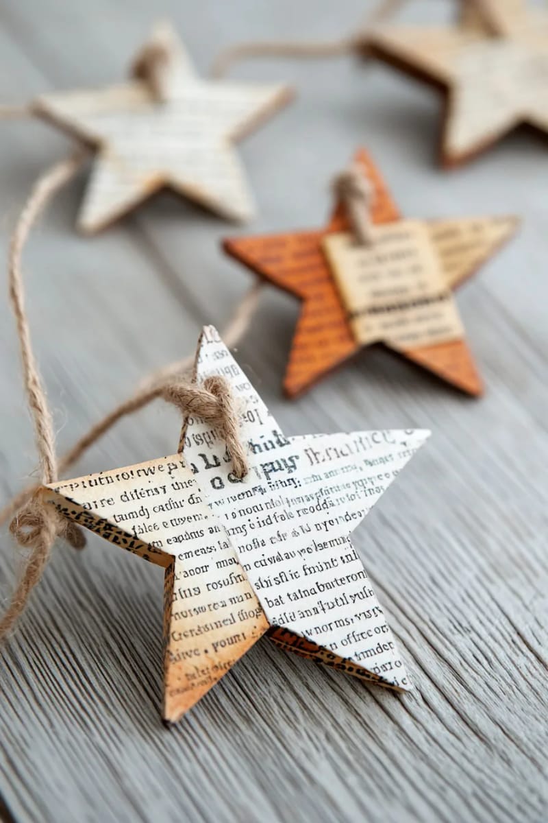 star garland from recycled book pages and twine. 1