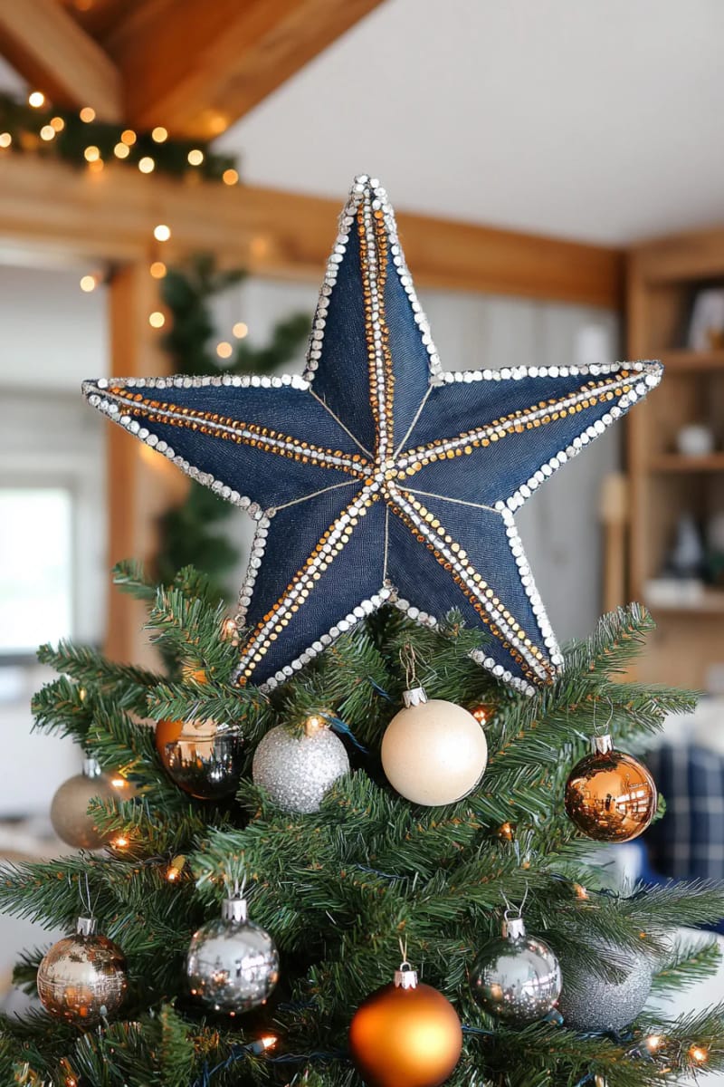 star-shaped denim tree toppers with sparkly sequin embellishments 1