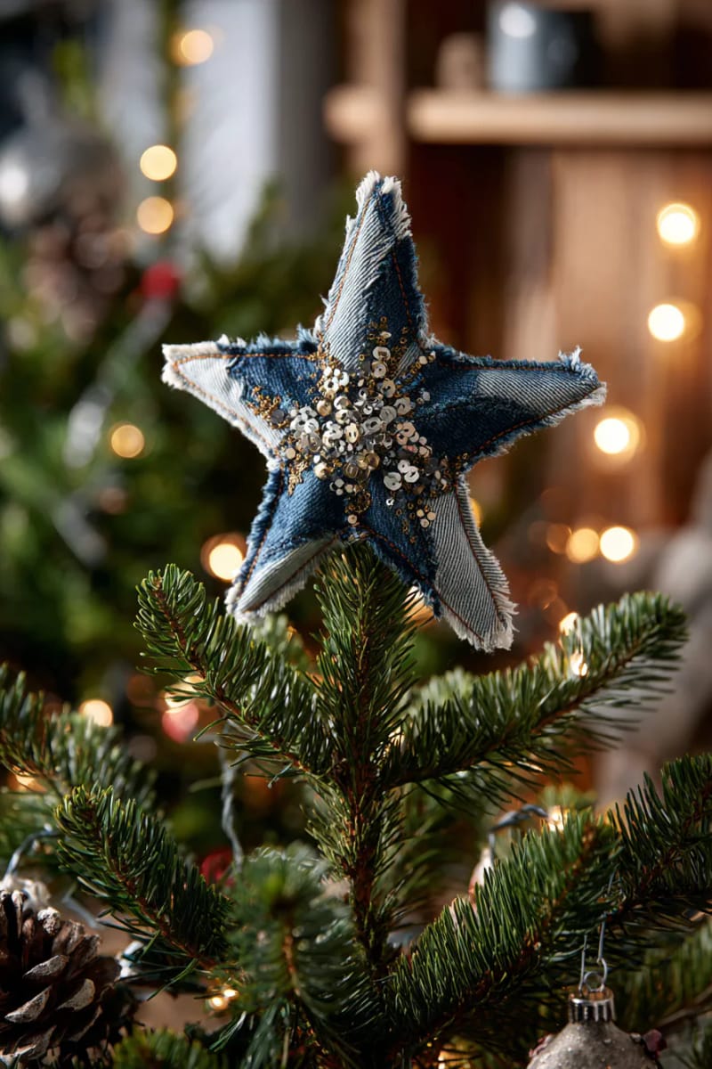 star-shaped denim tree toppers with sparkly sequin embellishments 1
