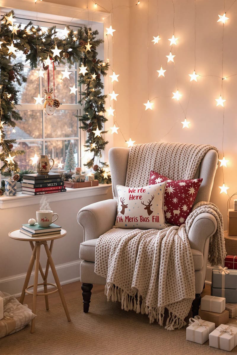 star-shaped fairy lights strung above reading nook with holiday pillows 1