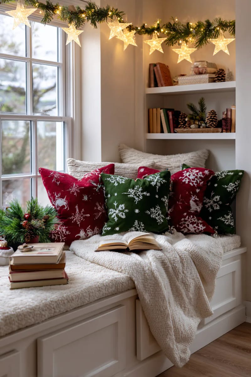 star-shaped fairy lights strung above reading nook with holiday pillows 1