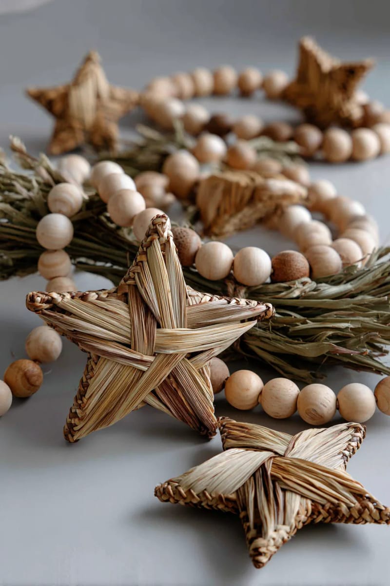 star-shaped straw ornaments paired with wooden bead garlands 1