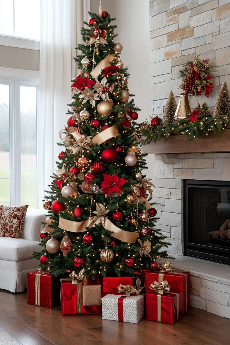 statement christmas tree with oversized red ornaments and sparkly ribbon 1
