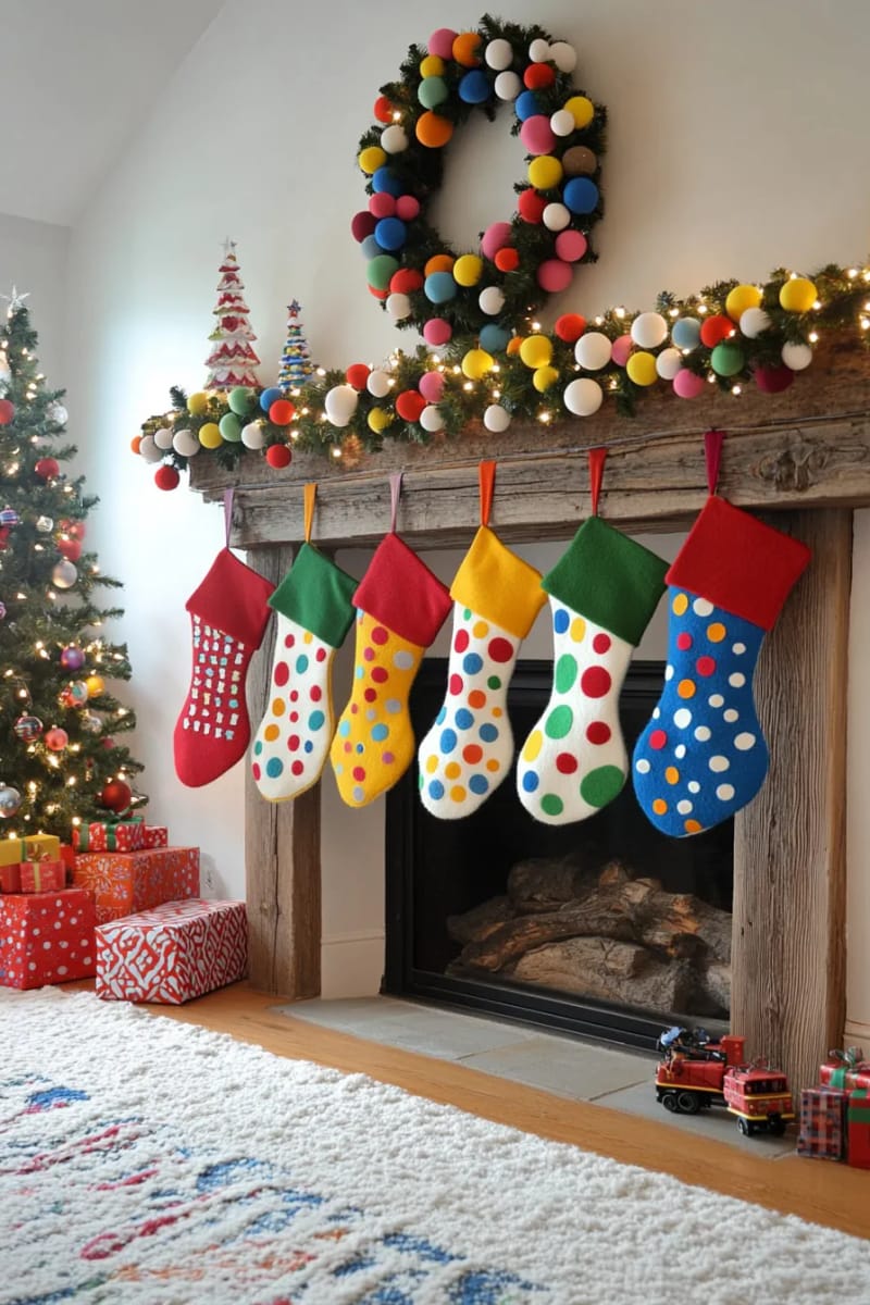 stitched felt stockings in bold primary colors for a playful mantel 1