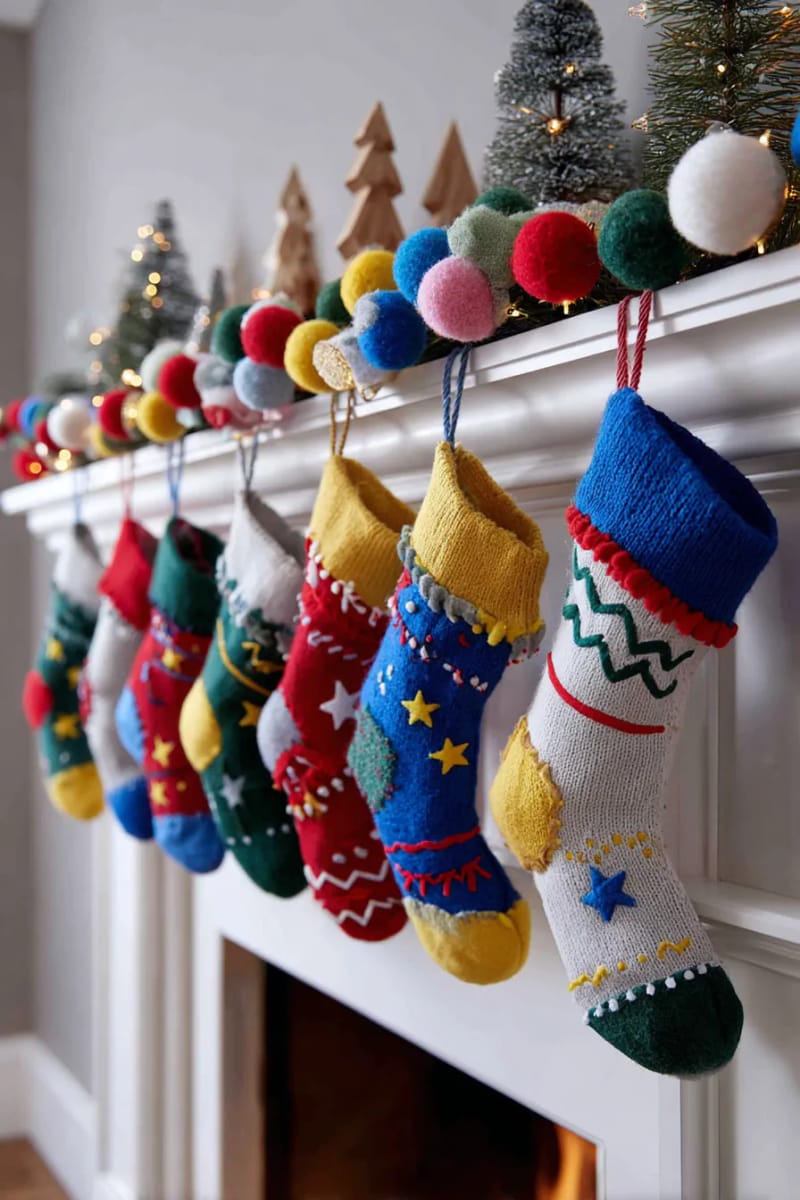 stitched felt stockings in bold primary colors for a playful mantel 1