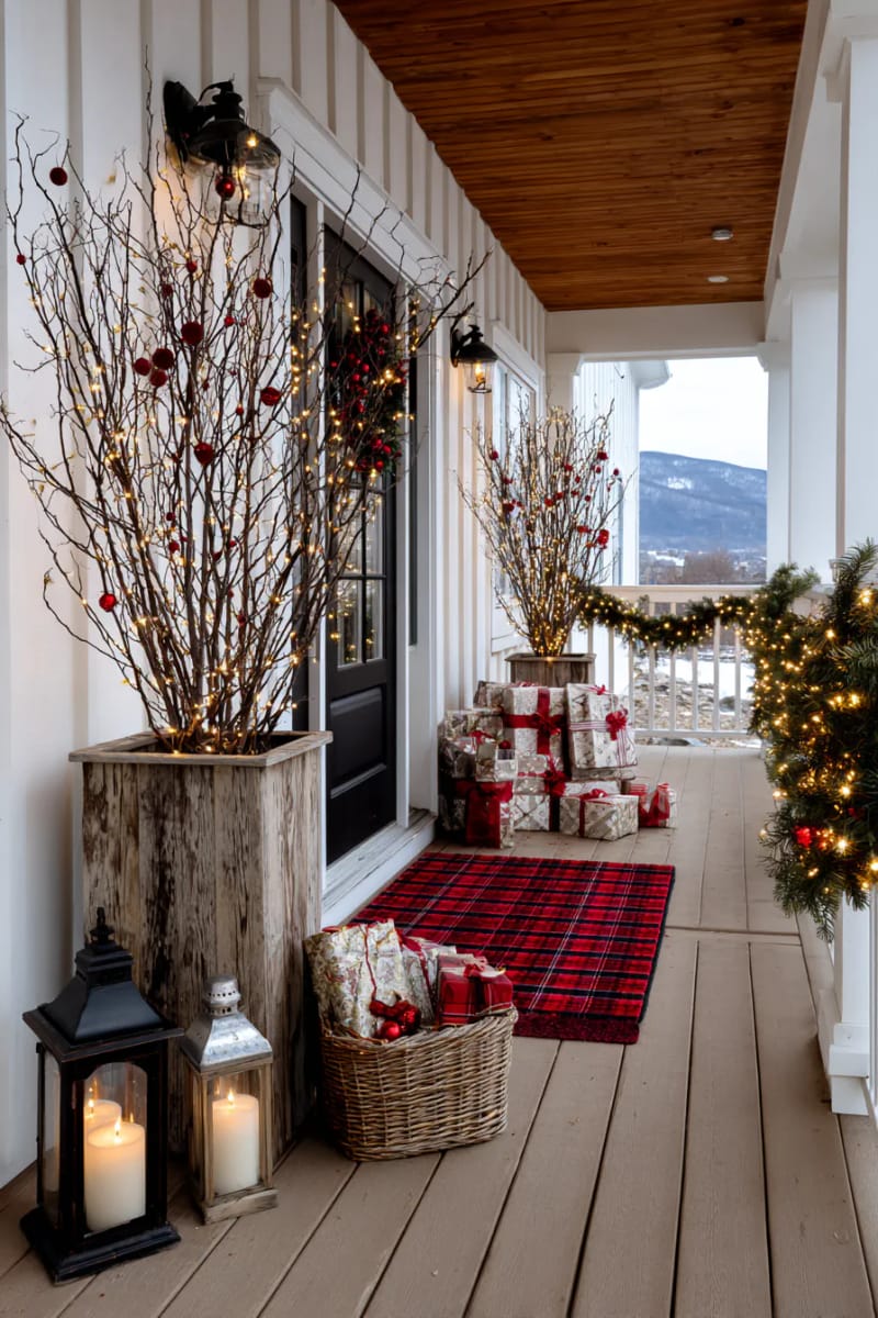 string fairy lights through bare branches in a tall planter 1