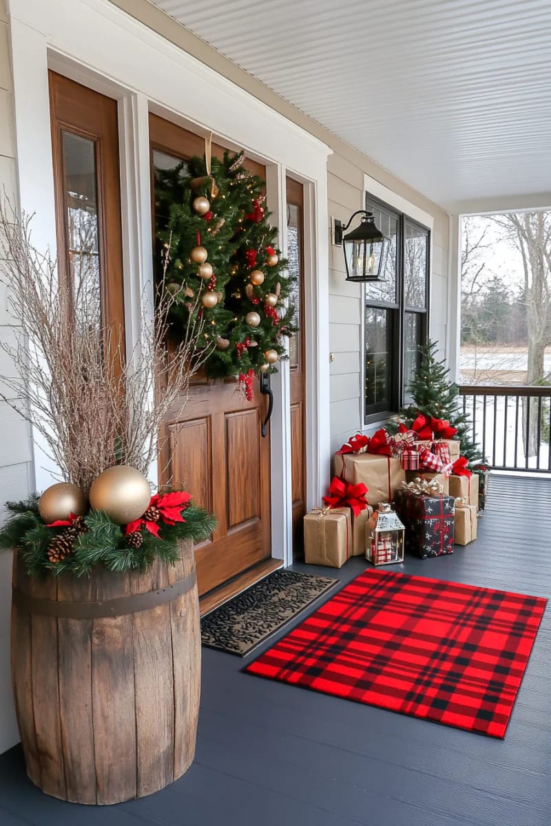 string fairy lights through bare branches in a tall planter 1