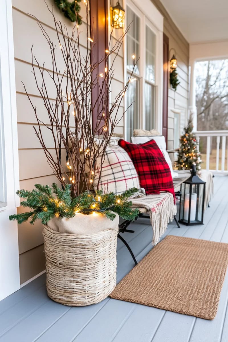 string fairy lights through bare branches in a tall planter 1