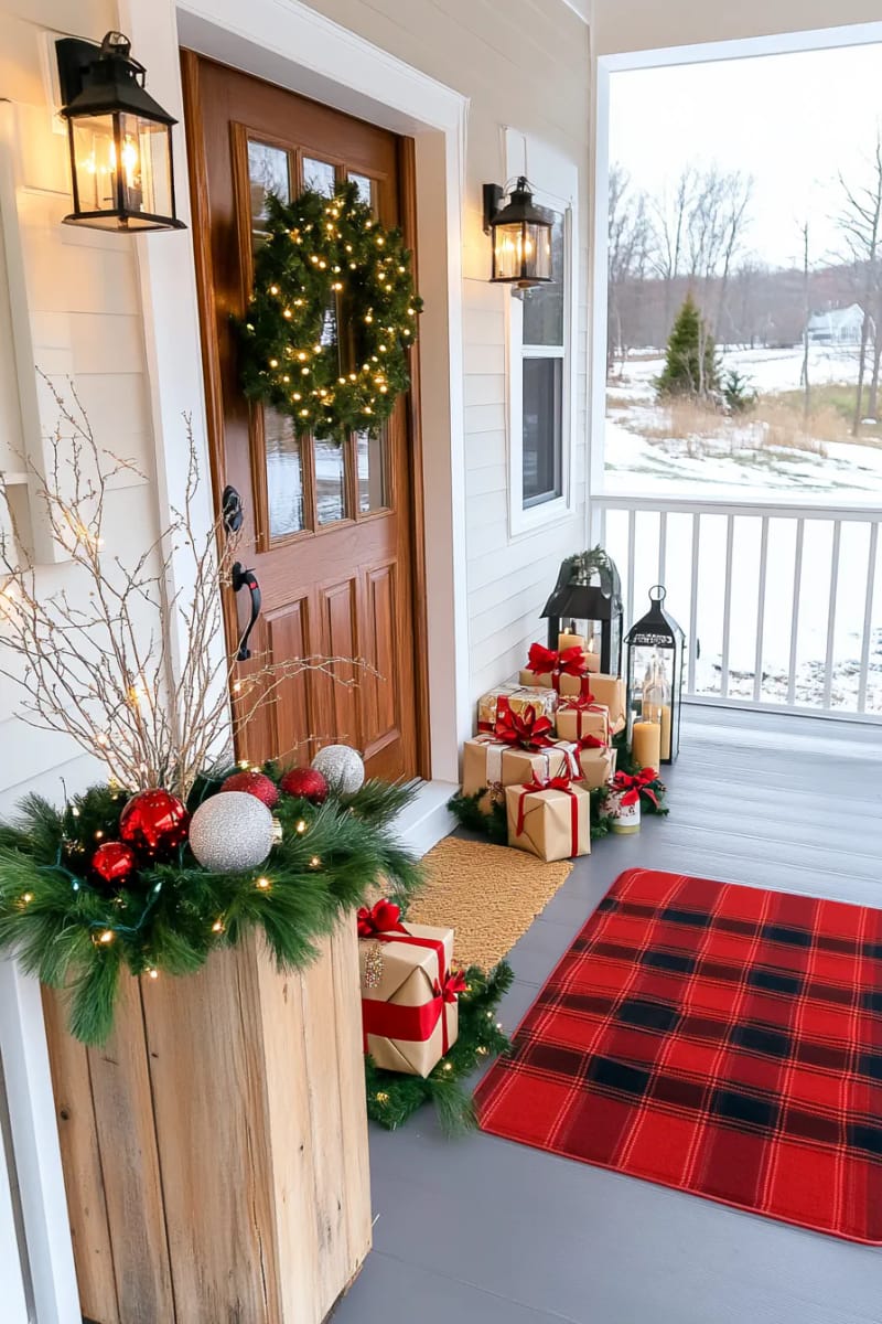 string fairy lights through bare branches in a tall planter 1