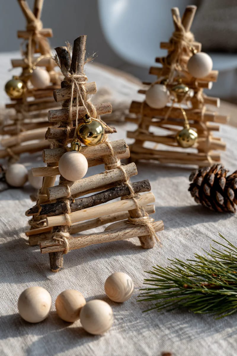 string-wrapped stick trees adorned with wood beads and bells. 1