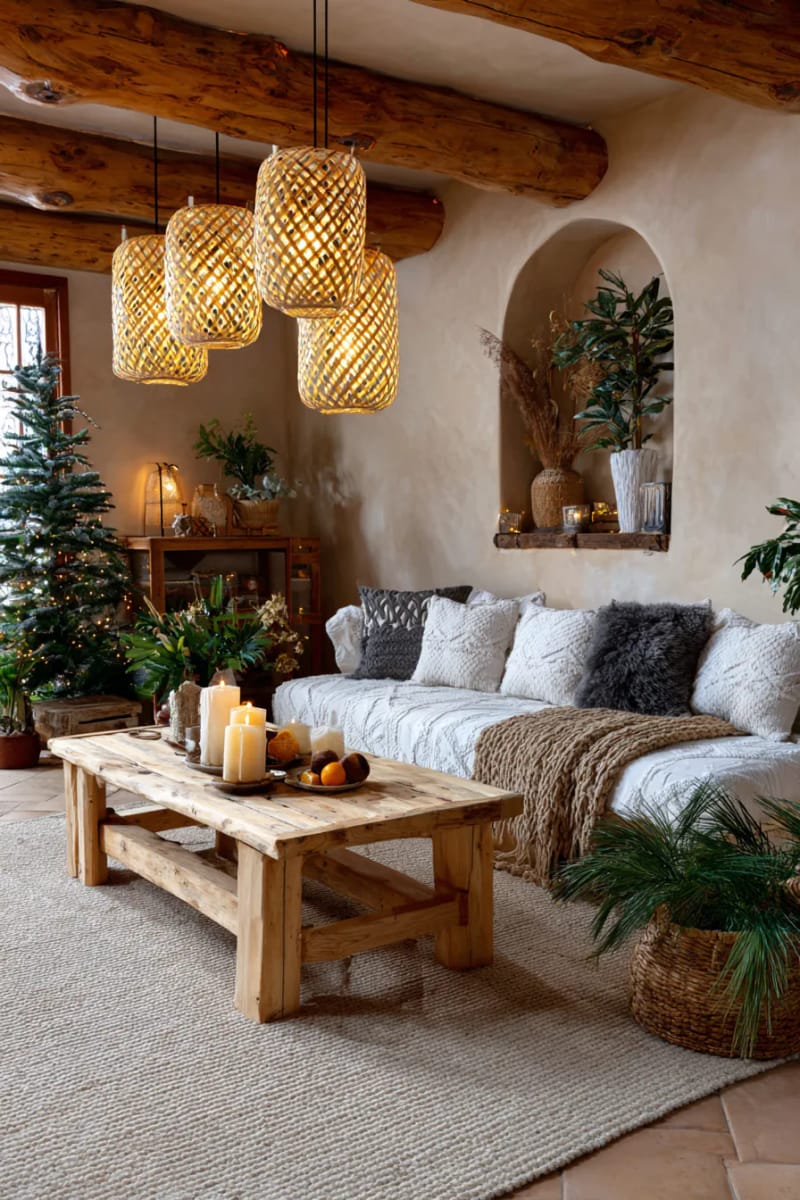 sustainable bamboo lanterns casting warm shadows on textured beige walls 1