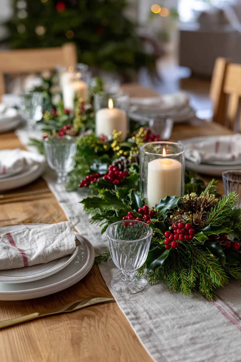 table runners made from natural linen, layered with greenery 1