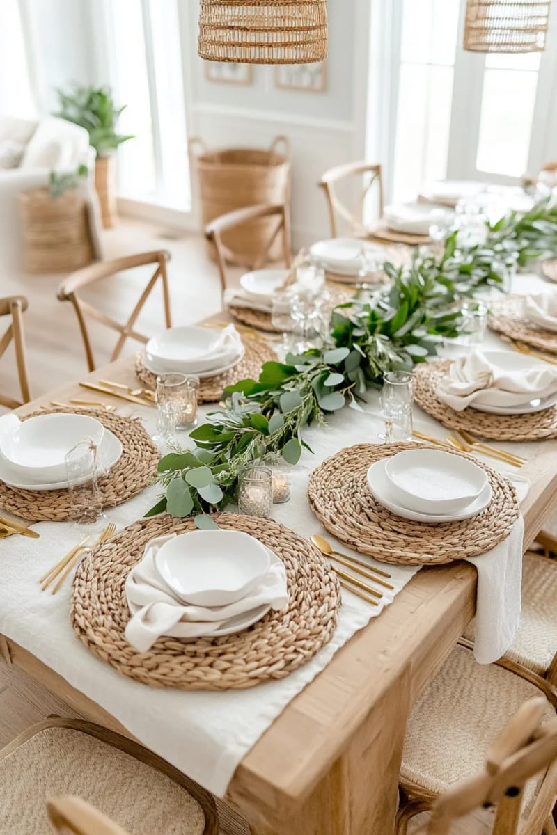 table runners made from natural linen, layered with greenery 1