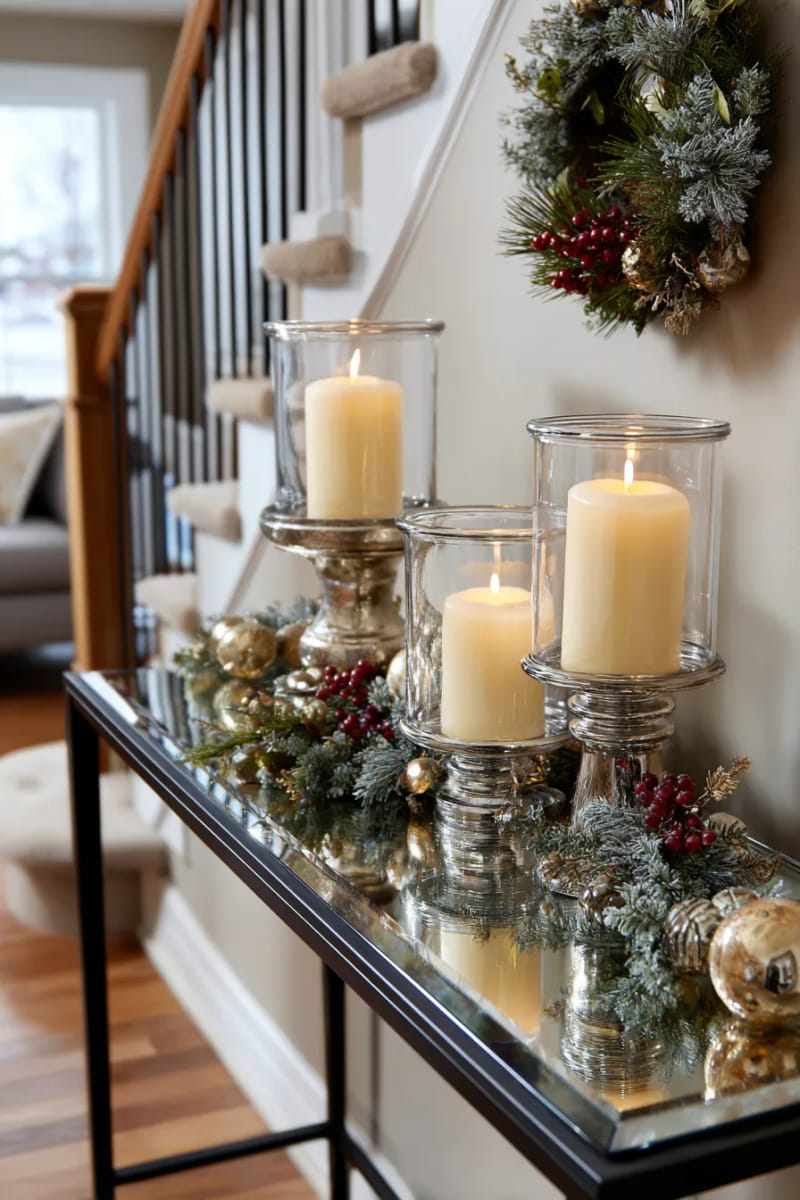 23 Elegant Christmas Decor Ideas You’ve Never Seen Before 26 tall glass candle hurricanes clustered on a mirrored entryway table 1