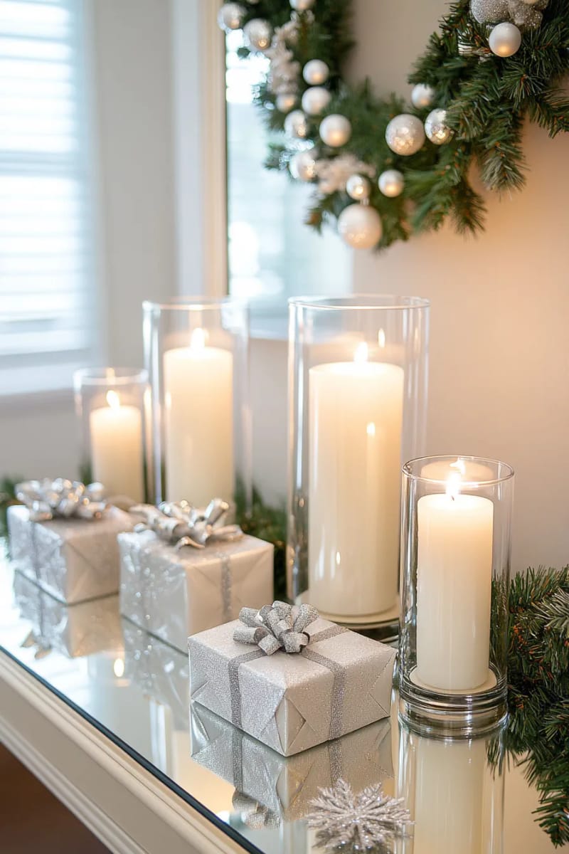 23 Elegant Christmas Decor Ideas You’ve Never Seen Before 29 tall glass candle hurricanes clustered on a mirrored entryway table 1