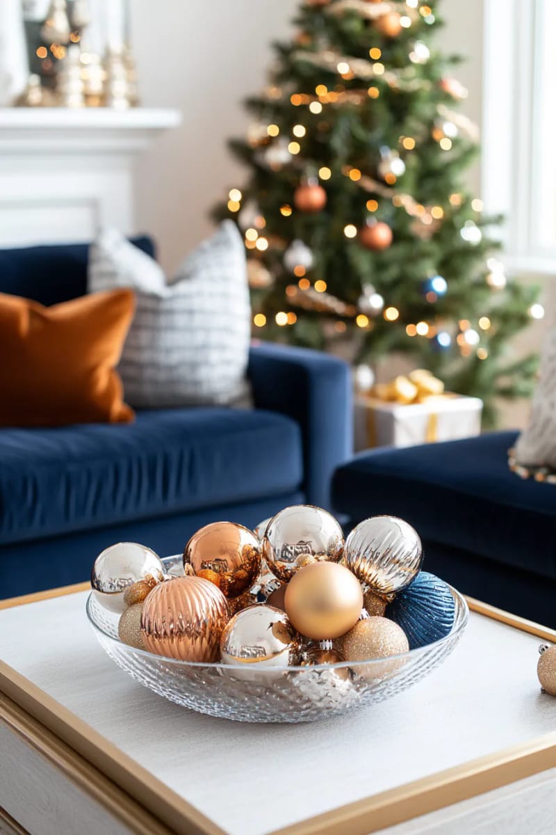 25 Tasteful Christmas Decor Ideas for a Cozy Holiday Home 100 tasteful metallic ornaments displayed in a clear glass bowl 1