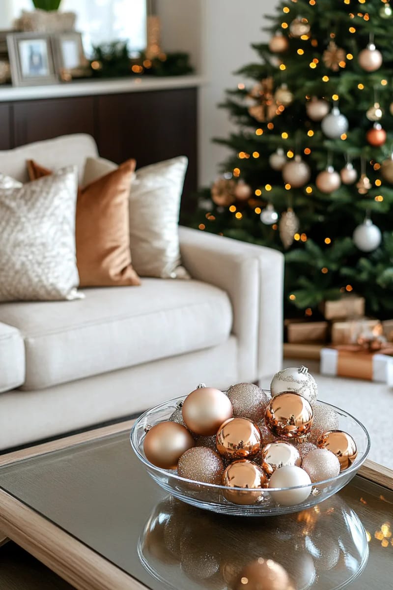25 Tasteful Christmas Decor Ideas for a Cozy Holiday Home 101 tasteful metallic ornaments displayed in a clear glass bowl 1