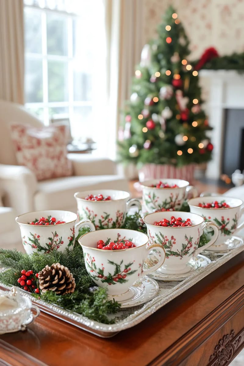 29 Upcycled Christmas Crafts For Unique Holiday DIY Projects 46 teacup ornaments decorated with mini pinecones and holly berries 1