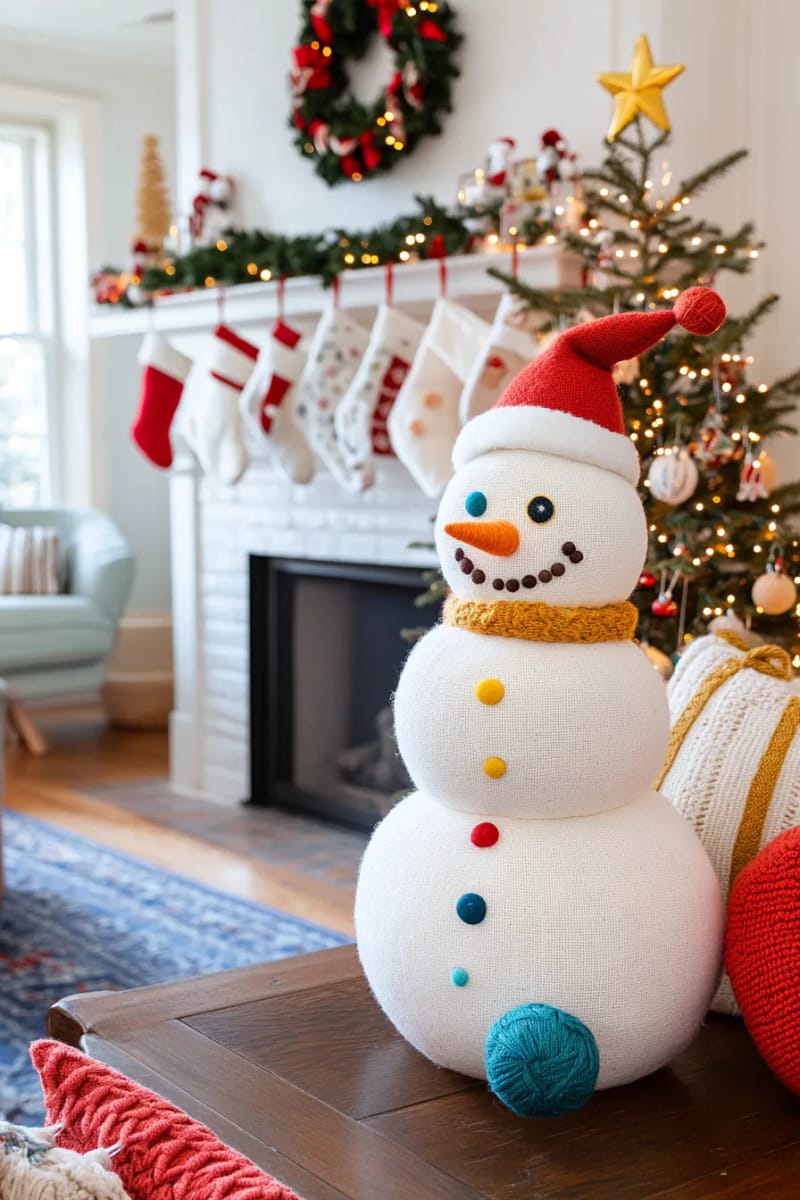 three-tier snowman with mismatched button eyes and wild yarn hair 1
