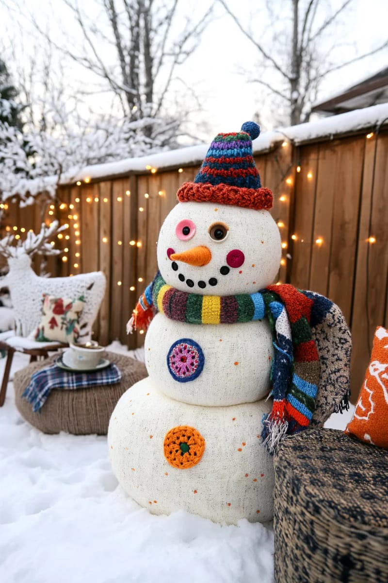 three-tier snowman with mismatched button eyes and wild yarn hair 1