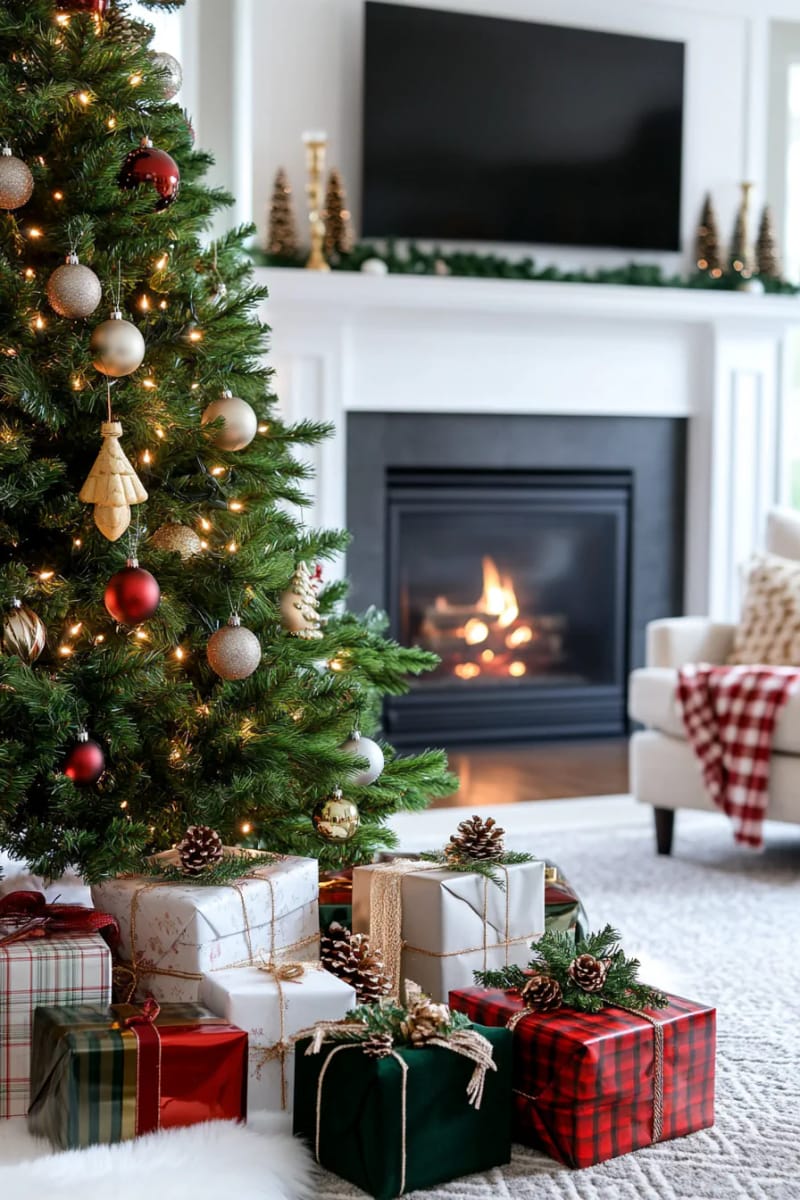 tie gifts with plaid flannel furoshiki and add mini pinecones on top. 1