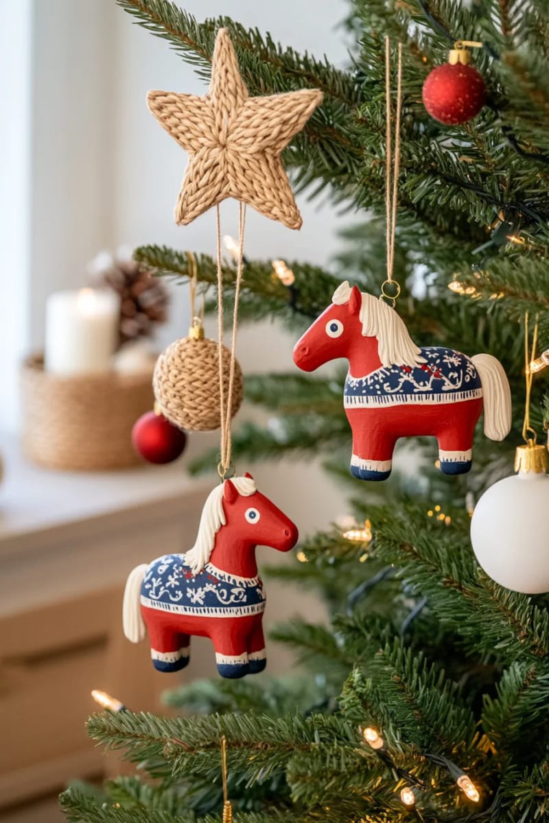 traditional red dala horse ornaments on a simple green tree 1