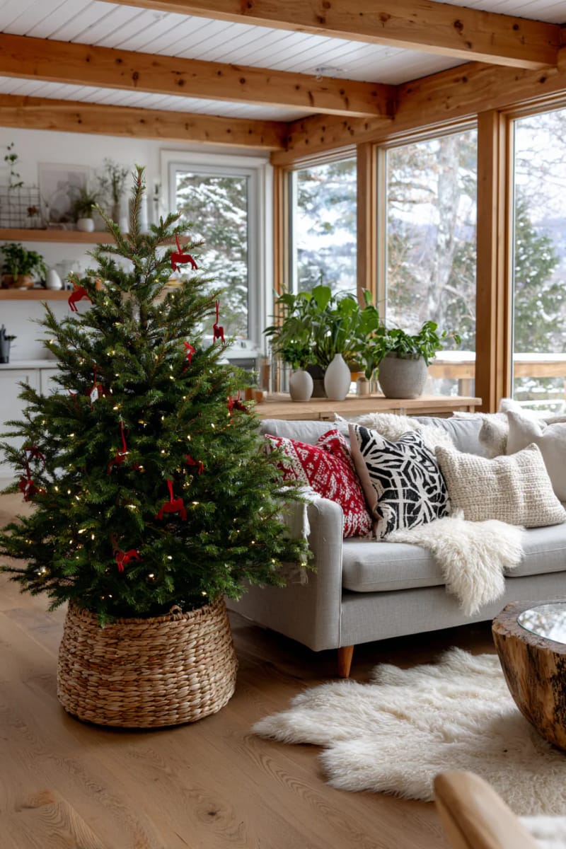 traditional red dala horse ornaments on a simple green tree 1
