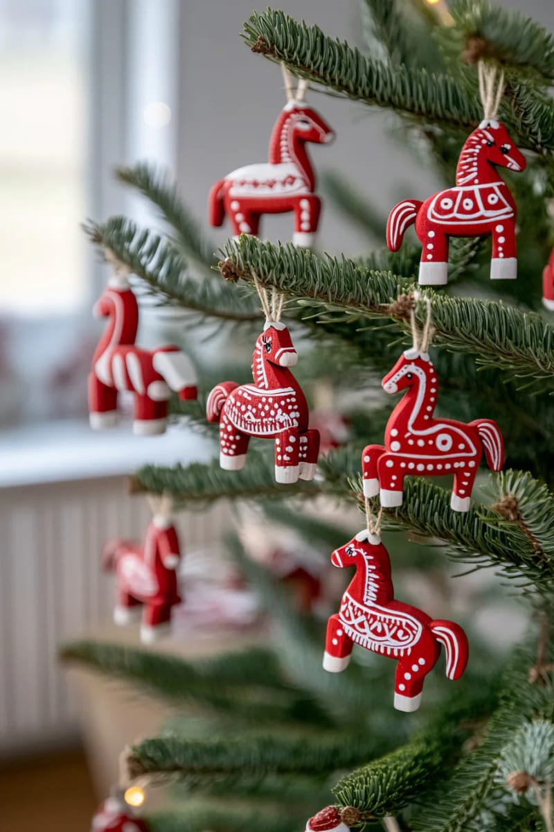 traditional red dala horse ornaments on a simple green tree 1