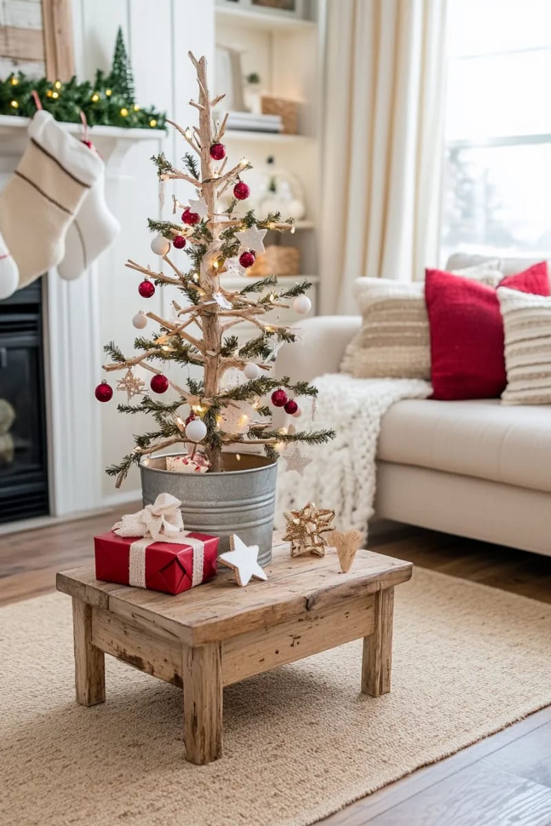 tree branch mini christmas tree in a galvanized bucket 1