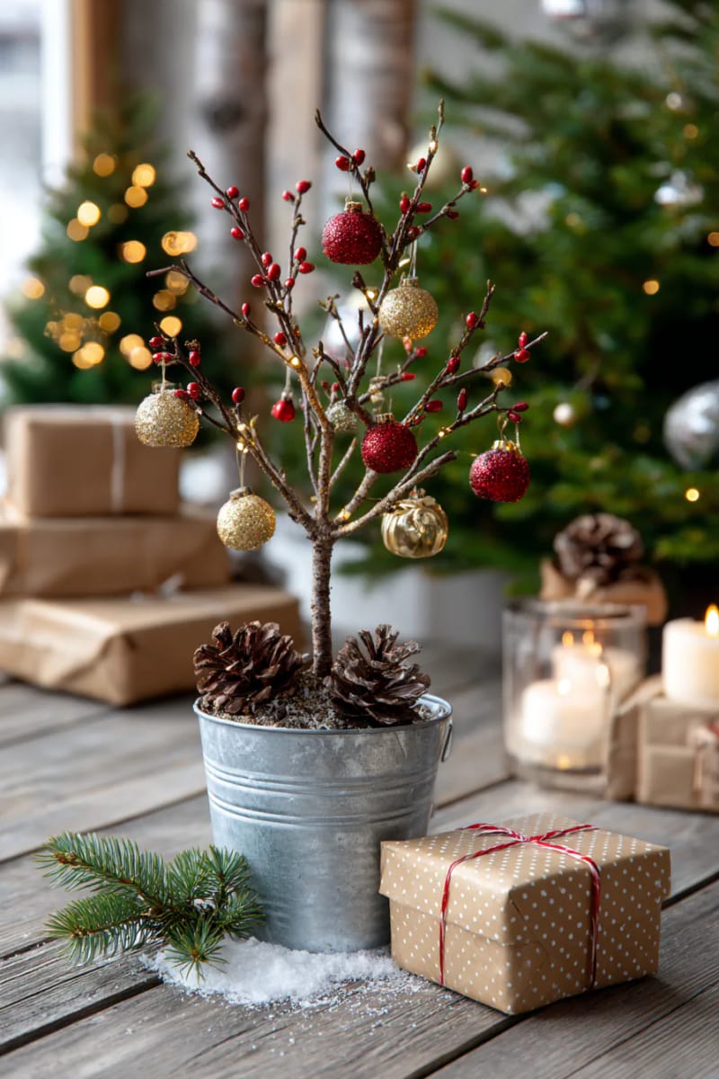 tree branch mini christmas tree in a galvanized bucket 1