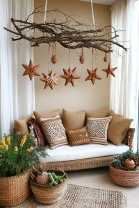 tree branches hung with handmade clay star ornaments 28