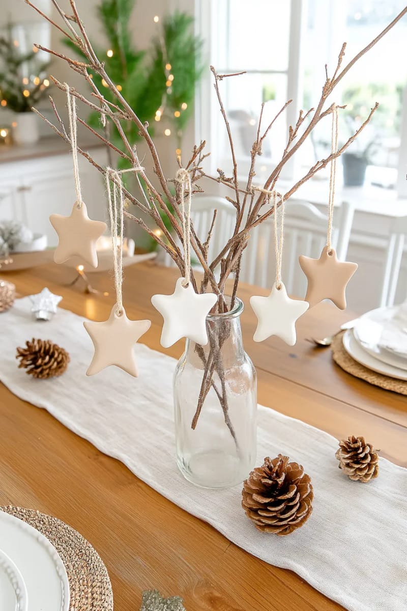 27 Rustic Christmas Decoration Ideas For Your Farmhouse 77 tree branches hung with handmade clay star ornaments 1
