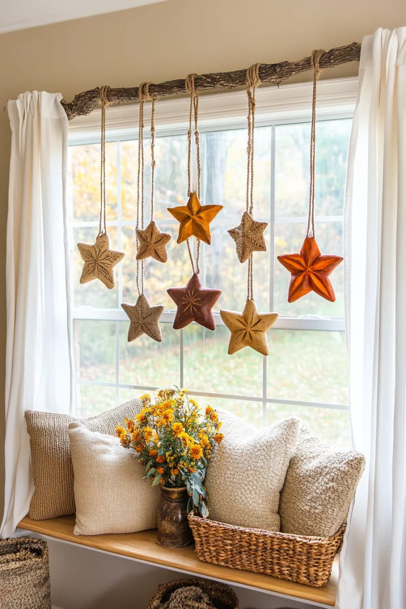 27 Rustic Christmas Decoration Ideas For Your Farmhouse 82 tree branches hung with handmade clay star ornaments 1