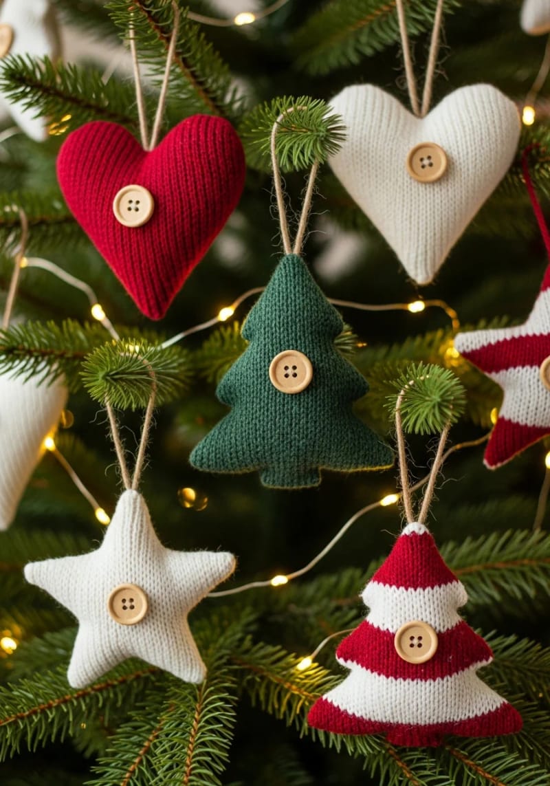 tree decorations using old sweater fabric and wooden buttons. 1